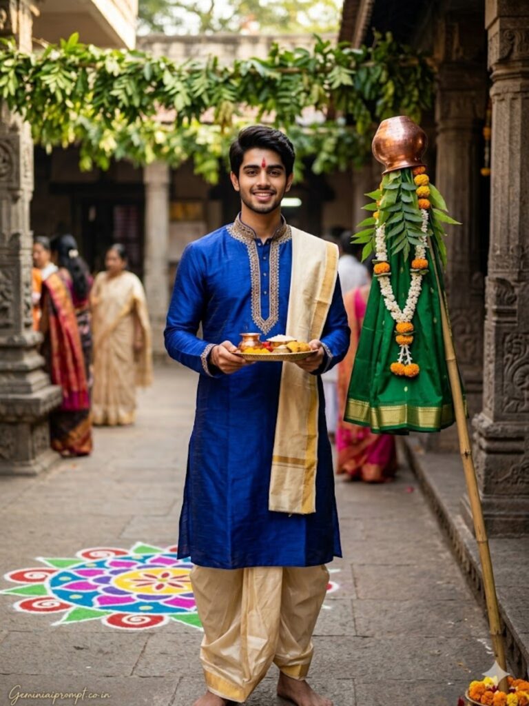 Prompt 4: Gemini AI Prompts For Boys In Gudi Padwa Royal Blue Kurta Temple Portrait