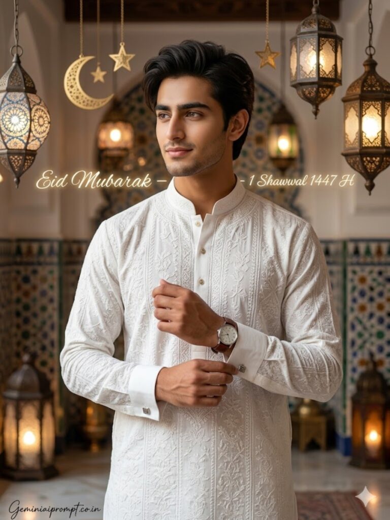 Prompt 4:  Eid Mubarak Gemini AI Prompts For Men White Chikankari Kurta