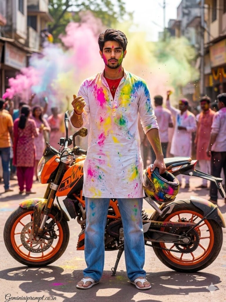 Orange KTM Duke 160 Holi festival bike photoshoot with woman standing beside motorcycle during street celebration
