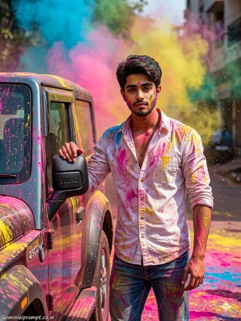 Any car with Holi colors and color smoke created with Holi bike & car AI photo editing prompts - universal vehicle festival portrait