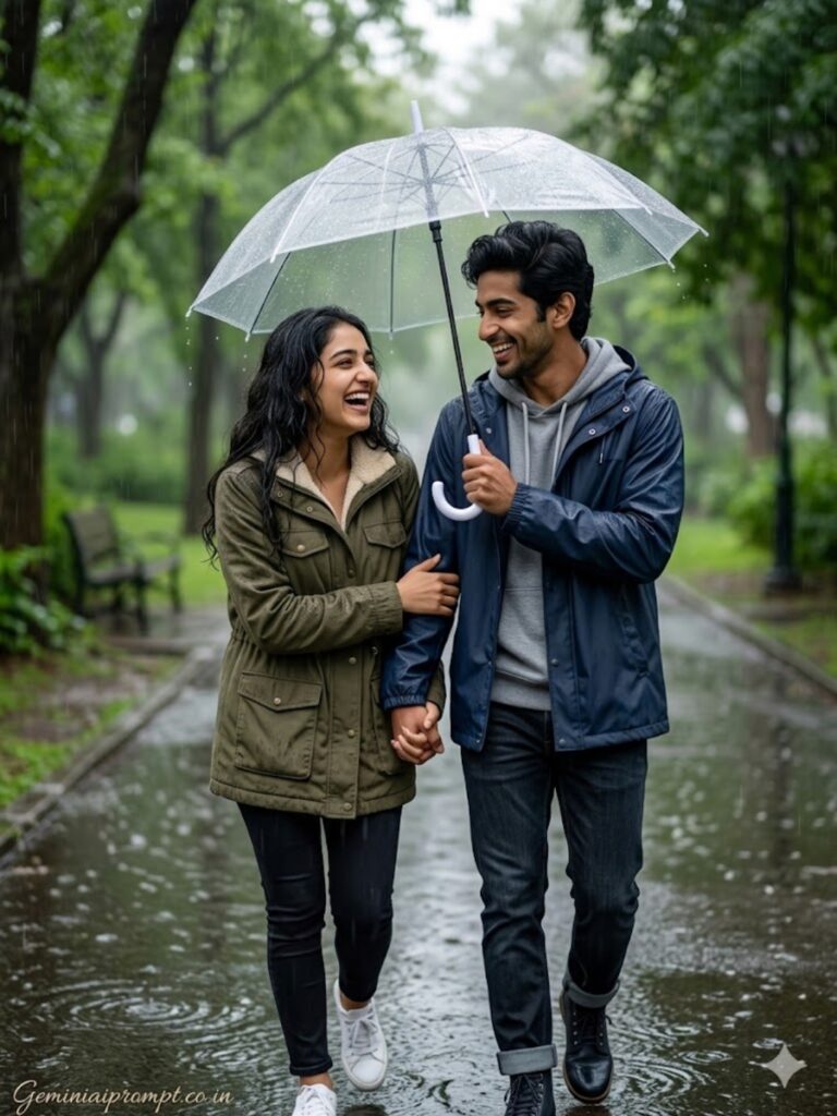 Candid rainy day romantic couple pre-wedding photo created with Google Gemini AI - laughing under umbrella, tree-lined pathway, gentle rainfall, ultra-realistic 8K lifestyle photography