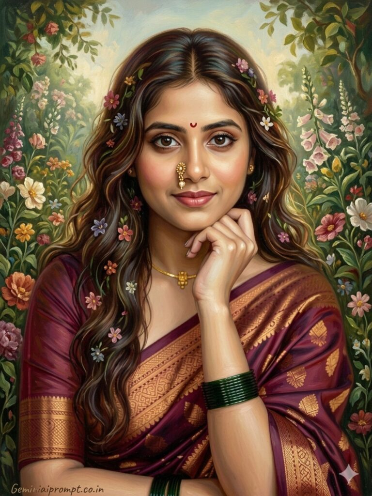 Pre-Raphaelite style romantic oil painting created with Oil Painting Prompts for Gemini AI - dreamy ethereal portrait with flowing hair, rich jewel tones, luminous skin and intricate natural details