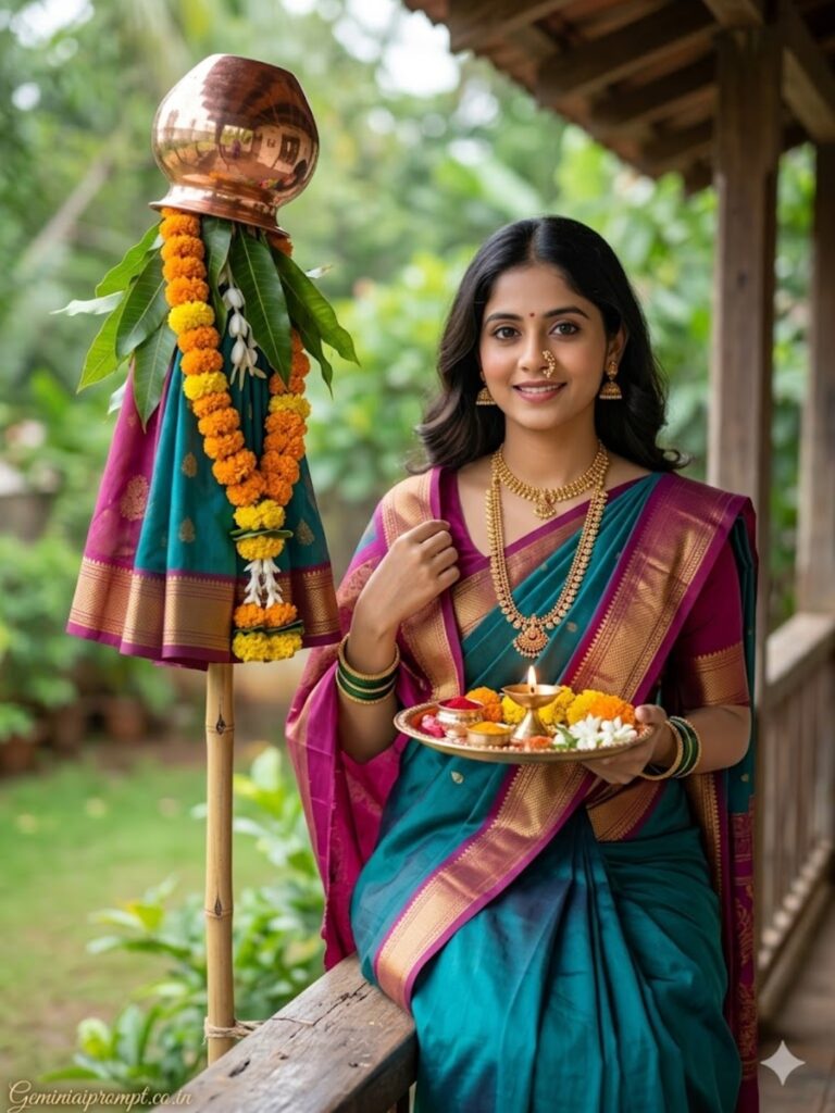 Teal Silk Saree Sitting on Balcony