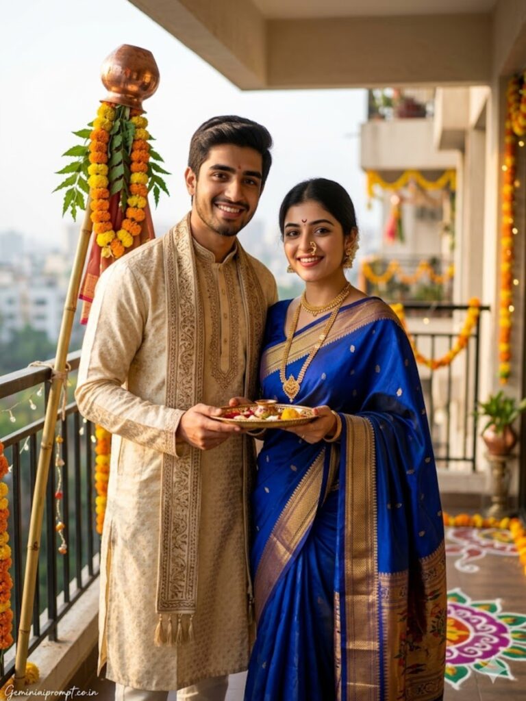 Prompt 5: Gemini AI Prompts For Gudi Padwa Couple Royal Blue & Golden Balcony Portrait