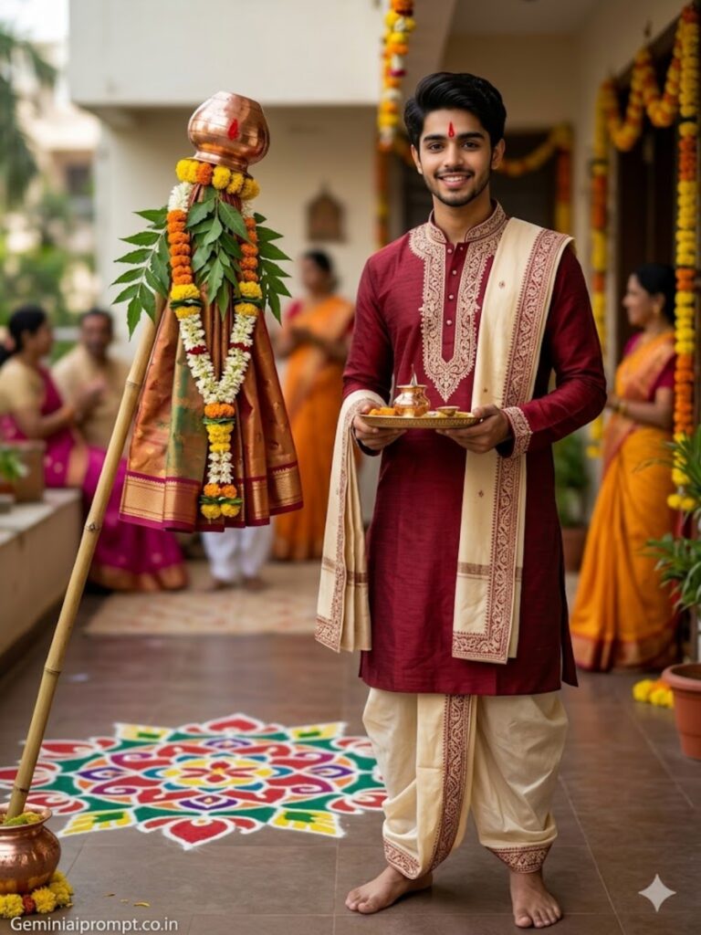Prompt 5: Gemini AI Prompts For Boys In Gudi Padwa Maroon Kurta Festive Portrait