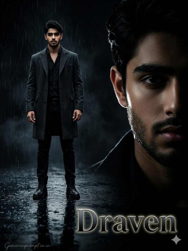 Ultra realistic dark cinematic movie hero portrait wearing black long coat standing in rain with dramatic shadow lighting
