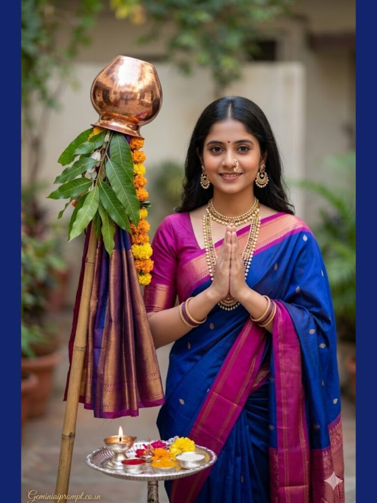 Royal Blue Saree with Namaste Pose