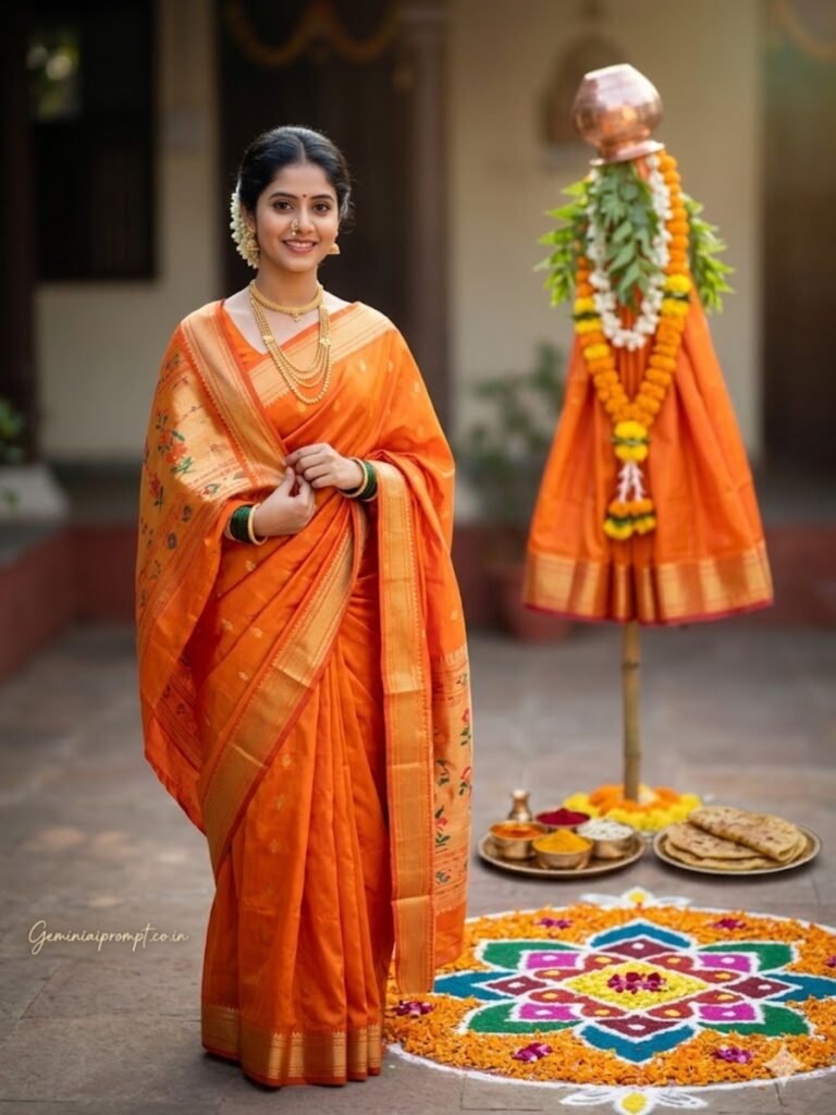 Orange Adjusting Pallu Rangoli Portrait
