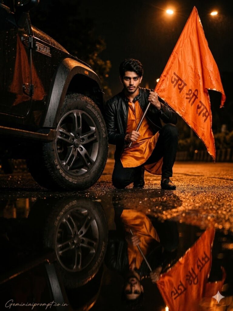Prompt 6: Jai Shree Ram Thar AI Photo Editing Prompts Wet Road Editorial