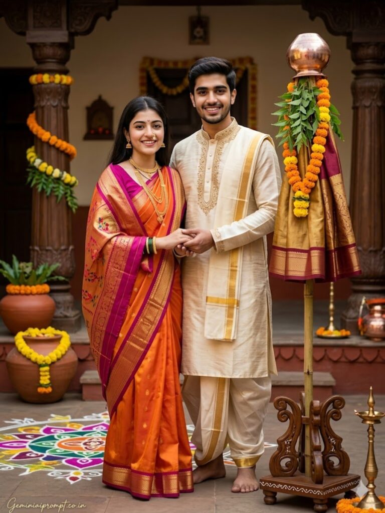 Prompt 6: Gemini AI Prompts For Gudi Padwa Couple Courtyard Smile