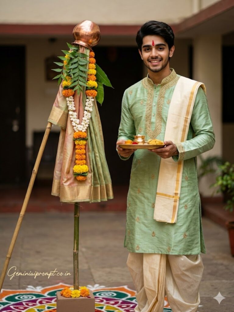 Prompt 6: Gemini AI Prompts For Boys In Gudi Padwa Light Green Kurta Celebration Portrait