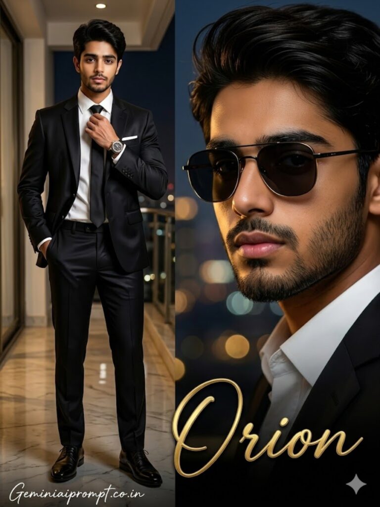 Ultra realistic luxury billionaire lifestyle portrait wearing black Italian suit on penthouse balcony with night city skyline lights