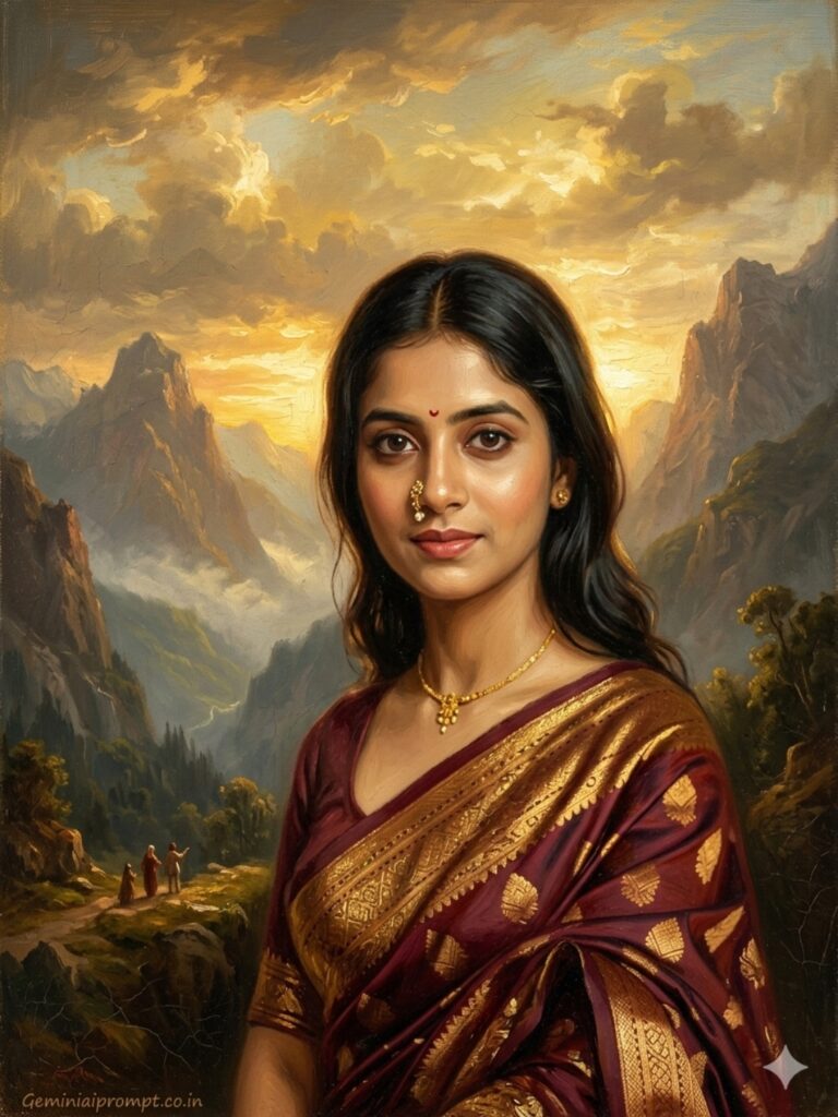 Classical alpine lake landscape oil painting created with Oil Painting Prompts for Gemini AI - mountain reflection in crystal water, golden sunrise light, romantic era style with small figures admiring nature