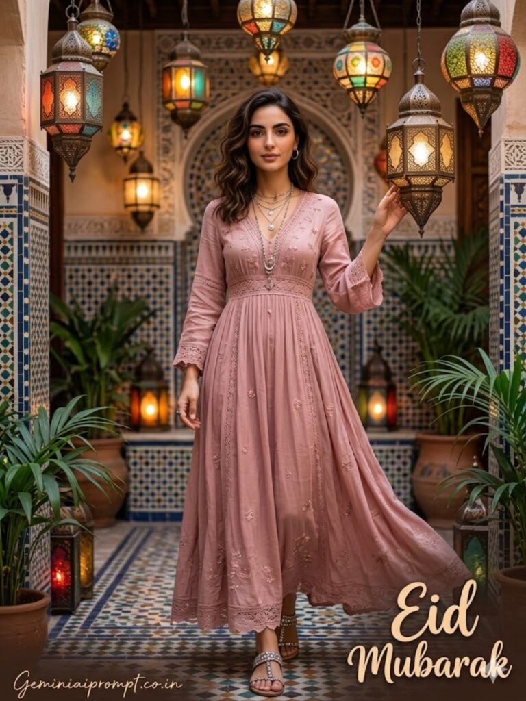Prompt 7: Dusty Pink Maxi in Moroccan Courtyard