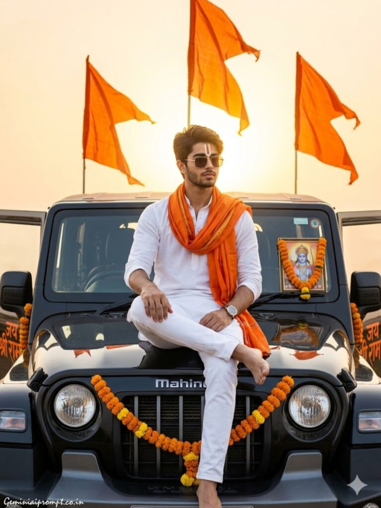 Prompt 7: Jai Shree Ram Car AI Photo Editing Prompts Mahindra Thar Bonnet Royalty