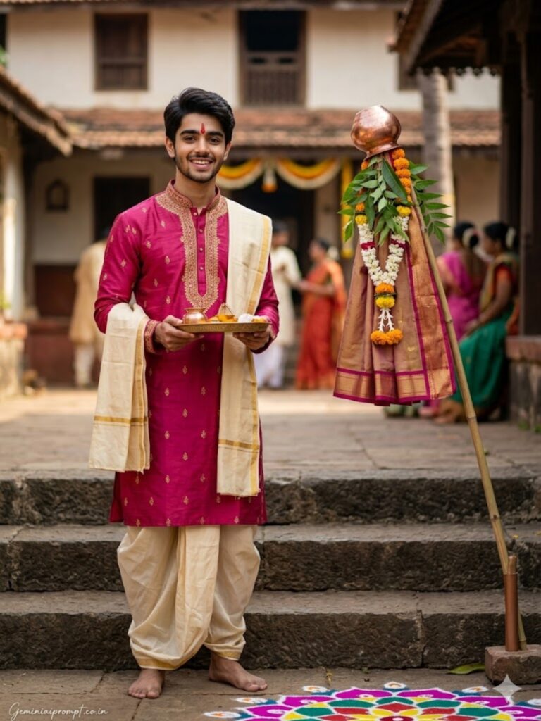 Prompt 7: Gemini AI Prompts For Boys In Gudi Padwa Deep Pink Kurta Steps Portrait