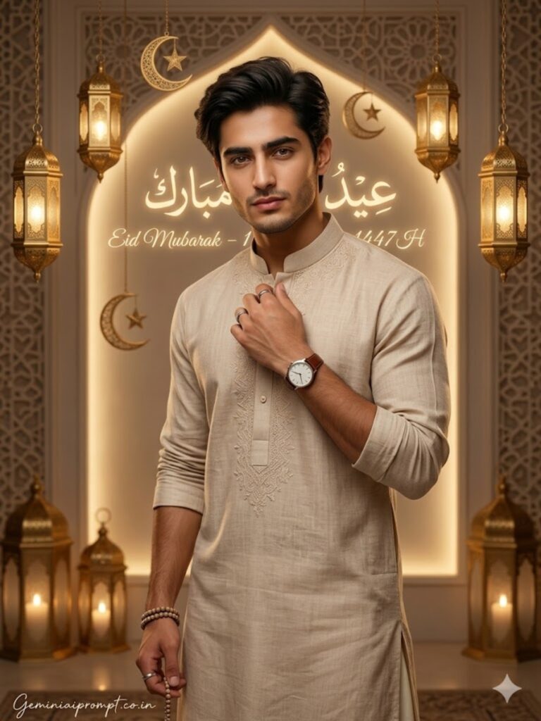 Prompt 7: Eid Mubarak Gemini AI Prompts For Men Beige Embroidered Kurta