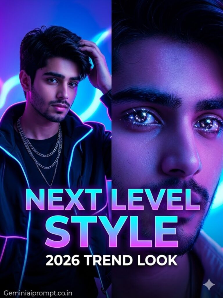 Ultra realistic viral AI social media thumbnail portrait with neon blue and purple lighting wearing black streetwear jacket
