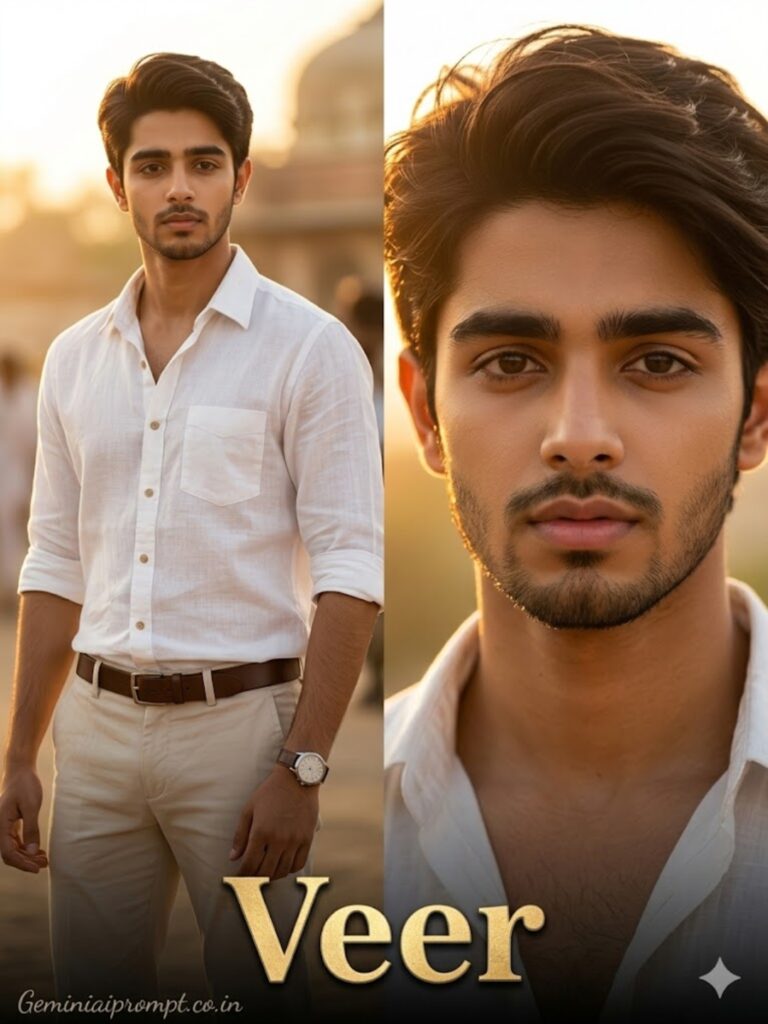 Ultra realistic Bollywood movie hero poster portrait wearing white linen shirt with golden sunlight cinematic lighting
