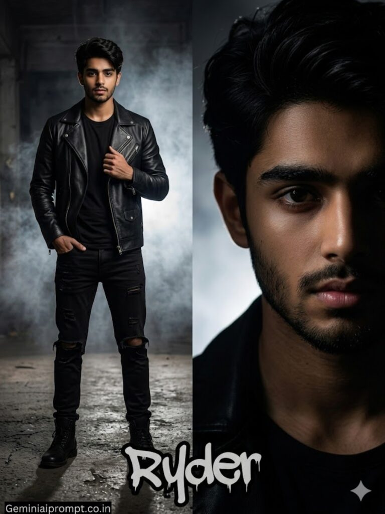Ultra realistic urban attitude fashion photoshoot man wearing black leather jacket with dark street smoke background