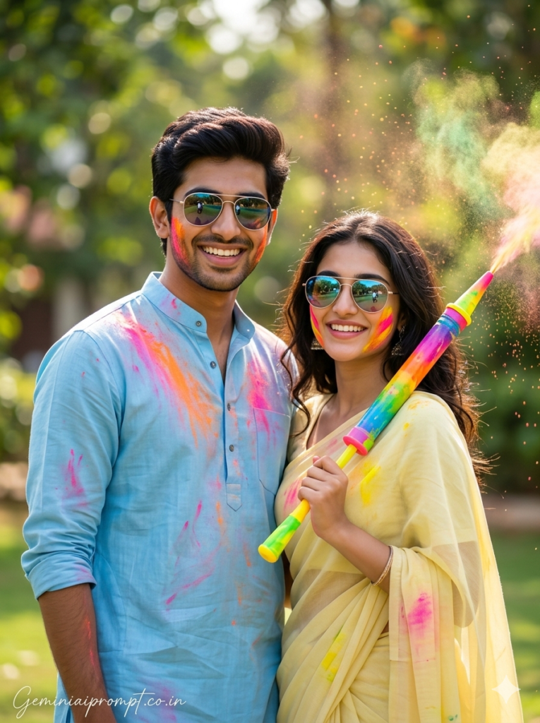 Holi 2026 Indian couple wearing sunglasses celebrating in garden with colorful gulal created using Gemini AI