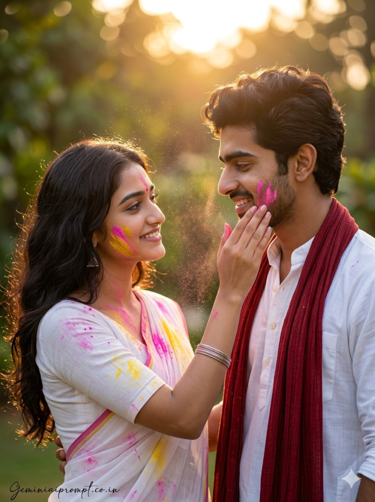 Romantic Holi 2026 couple golden hour portrait with floating gulal in garden created using Gemini AI