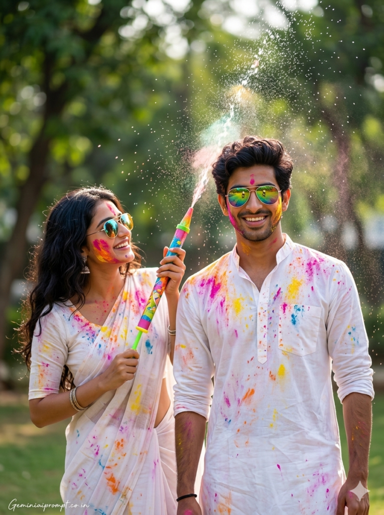 Holi 2026 couple in white outfits with colorful water splash in sunny garden created using Gemini AI