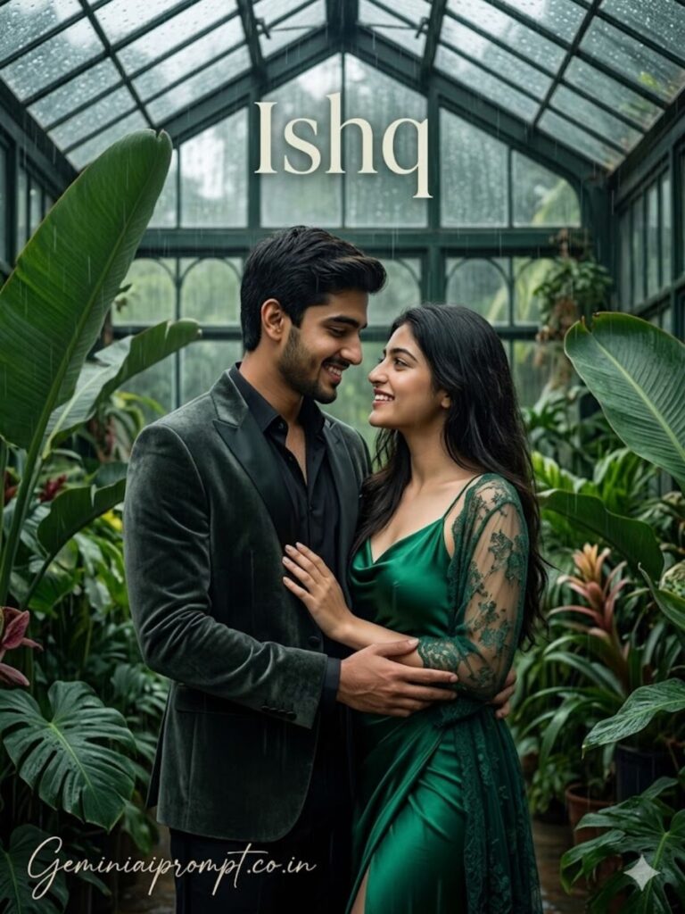 Prompt 1: Viral Romantic Couple AI Prompts Glasshouse Rain Embrace