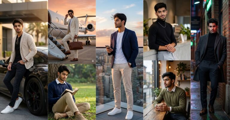 25 Gemini AI photo editing prompts for stylish boys - collage showing green courtyard, modern balcony, cozy café, urban street, rooftop, formal, casual, and luxury lifestyle styles with sports car and private jet