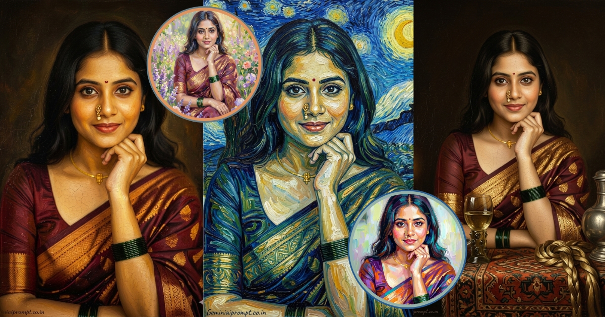 7 stunning oil painting prompts for Gemini AI - renaissance, impressionist, Van Gogh, Pre-Raphaelite and classical landscape art styles collage with oil painting texture and brushstrokes