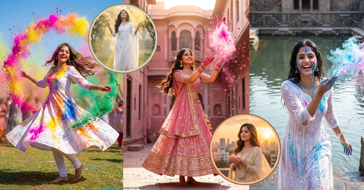 Best Holi prompt for girls - collage showing 5 stunning aesthetic styles: sunrise garden with yellow gulal, pink city royalty with hot pink, stepwell water splash with blue, cyclone spin with full colors, and golden hour romance with soft pink