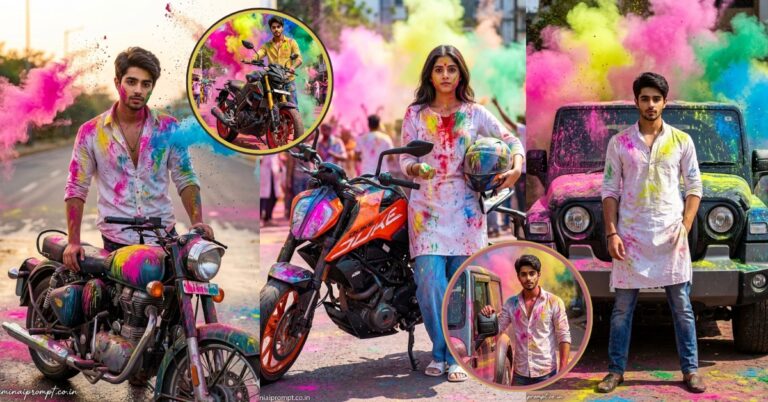 Holi bike & car AI photo editing prompts - collage showing 5 epic styles: classic car, Mahindra Thar, black street bike, orange KTM Duke with girl, and universal car with color smoke