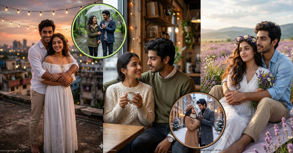 Romantic couple pre-wedding photoshoot created with Google Gemini AI prompts - ultra realistic 8K cinematic photography