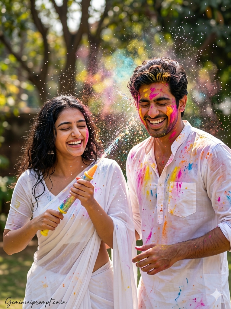 Holi 2026 action couple portrait with water splash and colorful powder freeze effect created using Gemini AI