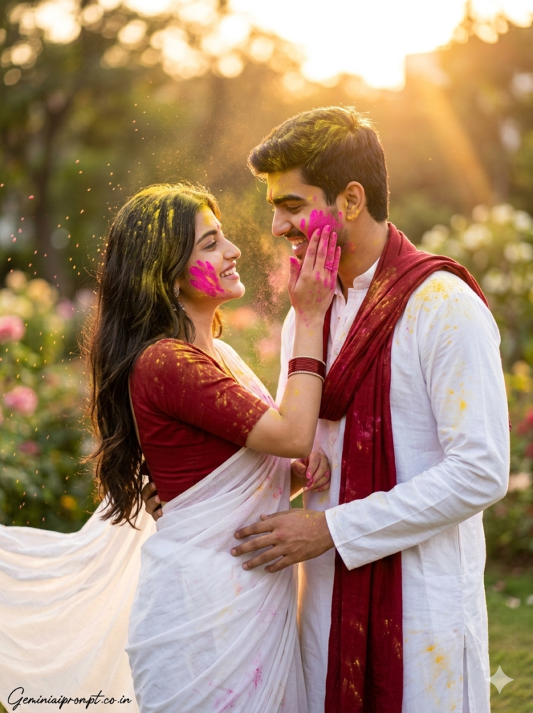 Ultra realistic Holi 2026 Indian couple golden hour portrait with pink gulal in blooming garden created using Gemini AI
